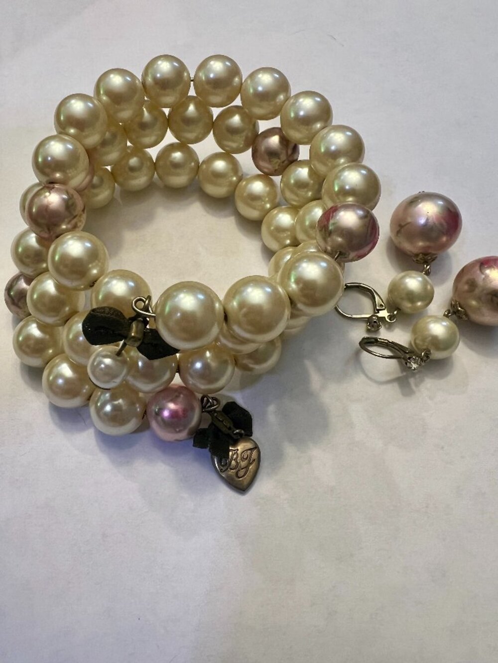 Vintage Faux Pearl Spring Wrap Coil Bracelet & Earring Set by Betsey Johnson